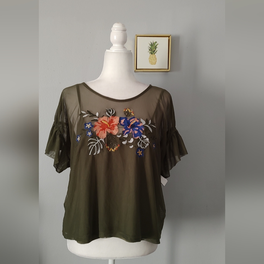 Xhilaration top Blouse Sheer Color Green Olive  XL  2 Piece Embroidery Flowers